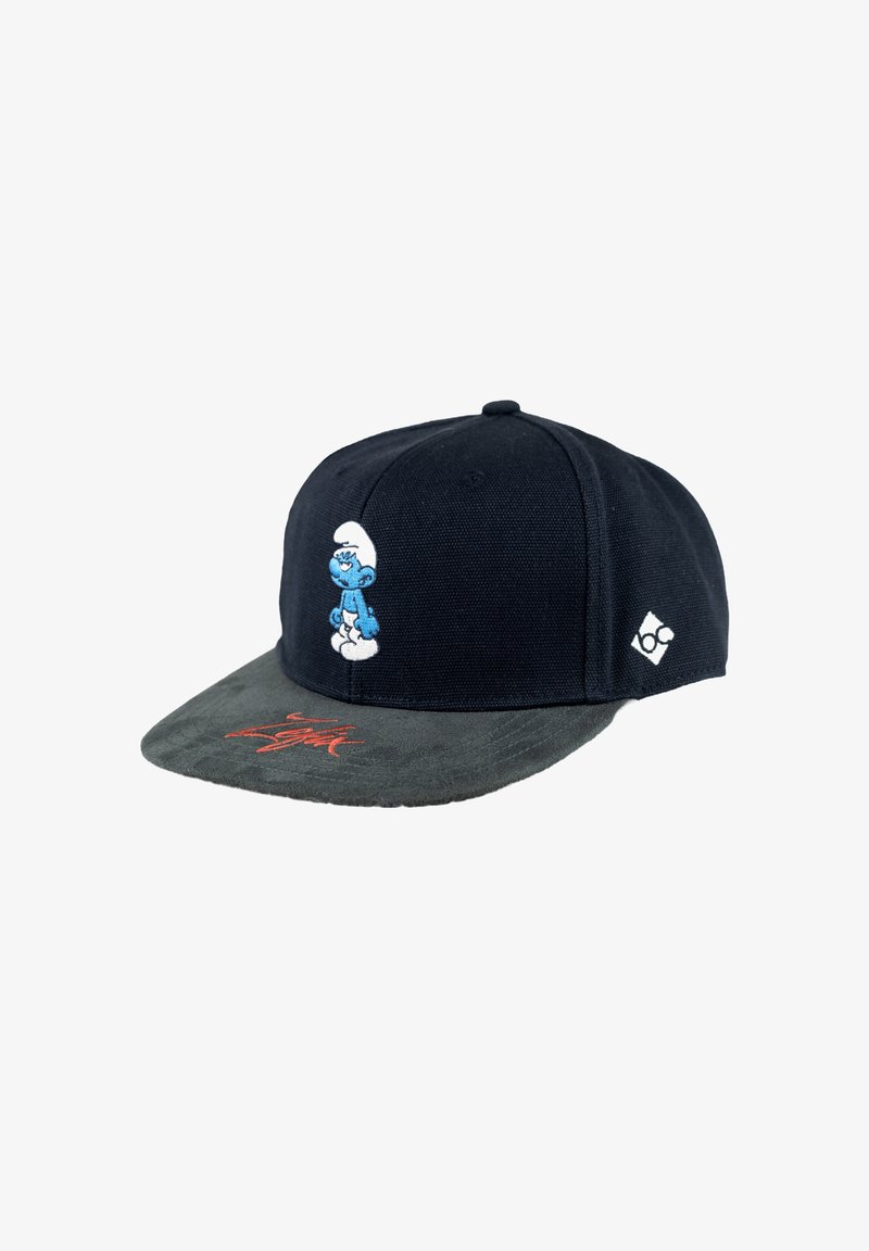 Black cap with a blue Smurf embroidery on the front, dark green suede bill, and red lettering on the underside. Features side logo detailing.