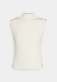 Top senza maniche e colletto alto di colore crema, realizzato in tessuto a maglia a coste. Design semplice senza cuciture visibili o decorazioni.