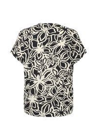 T-shirt à manches courtes en noir et crème avec un motif floral. Présente une coupe décontractée et un tissu léger avec une texture douce.