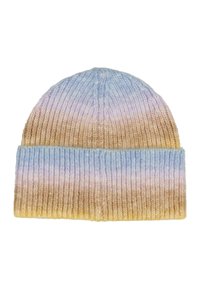 Knitted beanie with folded brim, featuring horizontal gradient stripes in light blue, lavender, beige, and yellow colors.