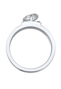 Silverfärgade metallhandbojor med cirkulär form, slät yta och ett centralt gångjärn, utrustade med en fast ögla för fäste.