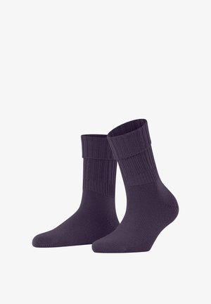 Due paia di calzini a coste di un viola scuro esposti affiancati, con un bordo confortevole e una trama liscia.