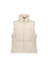 Gilet imbottito beige con collo alto e cerniera frontale. Presenta un tessuto strutturato e due tasche laterali. Include un dettaglio con logo circolare.
