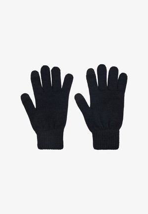 Zwarte gebreide handschoenen met vijfvingerontwerp en geribde manchetten. Zachte textuur; geen extra versieringen of patronen.