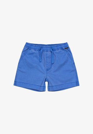 Shorts de bain bleus en tissu léger, dotés d'une taille élastique avec cordon de serrage et de poches latérales. Texture lisse, design décontracté.