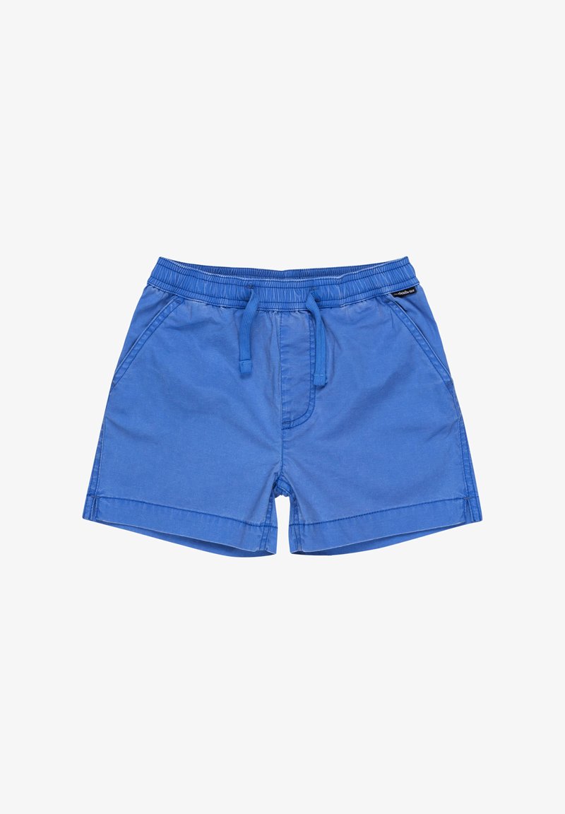 Modré plavky vyrobené z ľahkého materiálu, s elastickým pásom so šnúrkou a bočnými vreckami. Hladký povrch, ležérny dizajn.