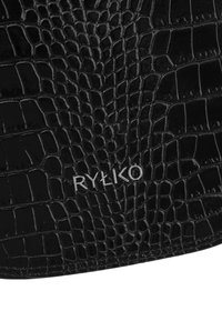 Black leather handbag with a textured crocodile pattern, featuring a silver logo. Flat design with smooth edges and no visible hardware.