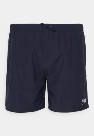 Marineblauwe zwembroek van lichtgewicht materiaal, met een elastische tailleband met trekkoord en een klein logo op de zoom.