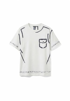 White short-sleeve T-shirt with printed black sketch-style pocket and seam outlines, displayed on a plain white background.