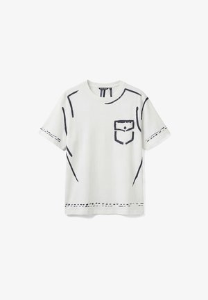 White short-sleeve T-shirt with printed black sketch-style pocket and seam outlines, displayed on a plain white background.