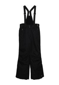 Pantaloni da sci neri con bretelle regolabili, tasche con cerniera e gambe larghe. Realizzati in materiale resistente all'acqua, presentano una texture morbida e cuciture durevoli.