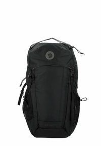 Zaino nero con tessuto dall'aspetto liscio, parte superiore arrotondata, tasche laterali in rete e logo circolare sulla parte anteriore. Include spallacci regolabili.