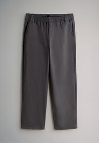 Pantalon décontracté gris foncé avec ceinture élastique et poches latérales, coupe droite, présenté sur fond clair.