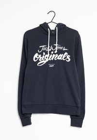 Felpa con cappuccio blu navy con lacci bianchi. Presenta la scritta "Jack & Jones Originals" stampata in bianco. Tessuto in misto cotone, maniche lunghe.