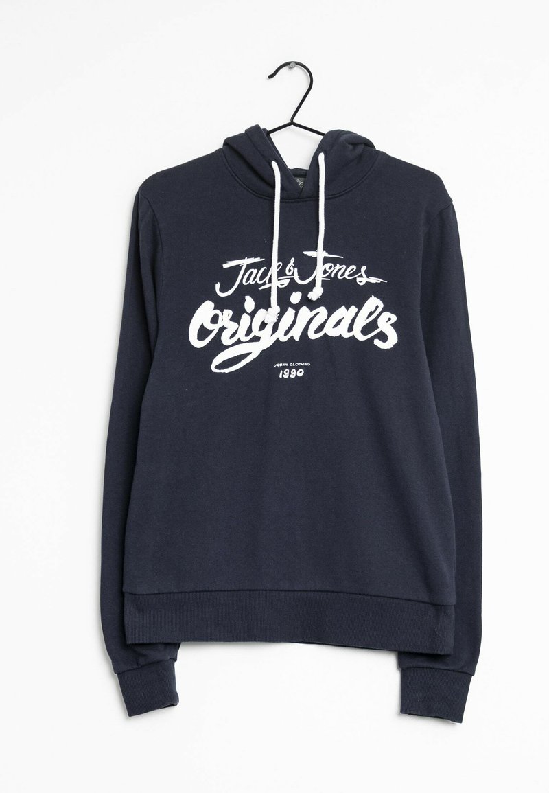 Felpa con cappuccio blu navy con lacci bianchi. Presenta la scritta "Jack & Jones Originals" stampata in bianco. Tessuto in misto cotone, maniche lunghe.