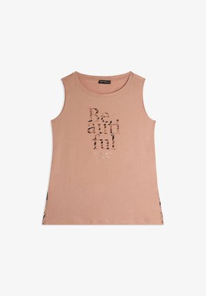 Top sin mangas de color rosa, hecho de una tela suave, con un estampado gráfico de texto que dice "Sé hermosa" en colores oscuros y detalles en los laterales.