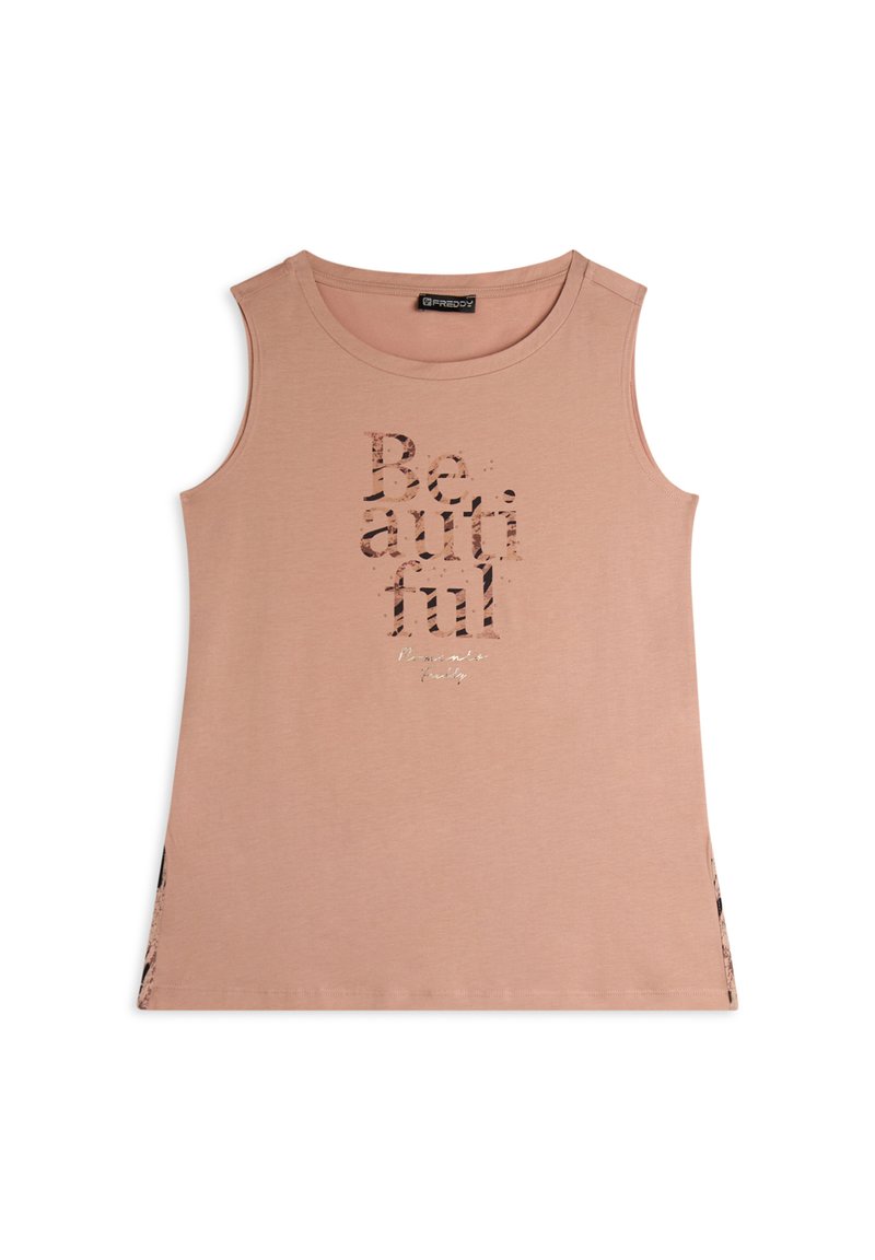 Top sin mangas de color rosa, hecho de una tela suave, con un estampado gráfico de texto que dice "Sé hermosa" en colores oscuros y detalles en los laterales.