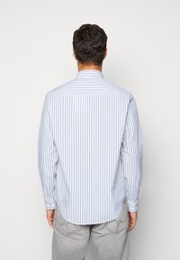Gestreept shirt in lichtblauw en wit, met een standaardkraag, lange mouwen en knoopmanchetten. Gladde stof met een getailleerde pasvorm.