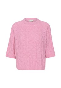 Rosa gestrickter Pullover mit Zopfdesign, kurzen Ärmeln, rundem Ausschnitt und weicher Textur. Etikett ist am Nacken hinten sichtbar.