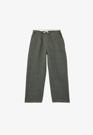 Grijze, wijde broek met krijtstreep, elastische tailleband en witte trekkoord, voorzien van zijzakken.