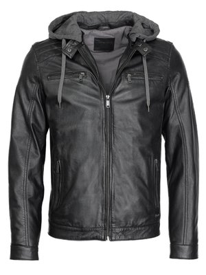 Veste en cuir noire avec une capuche grise. Comprend des poches zippées à l'avant, des accents aux épaules et une texture lisse. Fermeture éclair à l'avant.