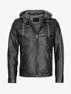 Svart läderjacka med grå huva. Har dragkedjeförsedda framfickor, axelaccenter och en slät textur. Dragkedjestängning fram.