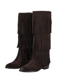 Brown suede knee-high boots with layered fringe detail, rounded toes, and a low stacked heel. The texture is soft and matte.
