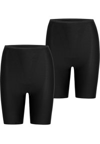 Zwarte shorts met hoge taille gemaakt van een gladde, rekbare stof. Ze hebben een aansluitend ontwerp en een lengte tot halverwege de dij, ideaal voor het combineren in laagjes.