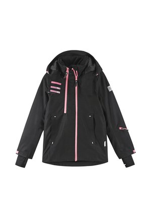 Giacca nera con dettagli rosa, cappuccio regolabile, chiusura con cerniera davanti e molteplici tasche. Presenta dettagli a righe orizzontali su una spalla.