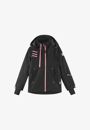 Giacca nera con dettagli rosa, cappuccio regolabile, chiusura con cerniera davanti e molteplici tasche. Presenta dettagli a righe orizzontali su una spalla.