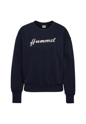 Dunkelblaues Sweatshirt mit Rundhalsausschnitt, langen Ärmeln und weißem "Hummel"-Schriftszug über der Brust, mit gerippten Bündchen und Bund.