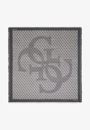 Kwadratowa chustka z szaro-czarnym wzorem i motywem logo. Krawędzie ozdobione frędzlami. Wykonana z miękkiej tkaniny o gładkiej fakturze.