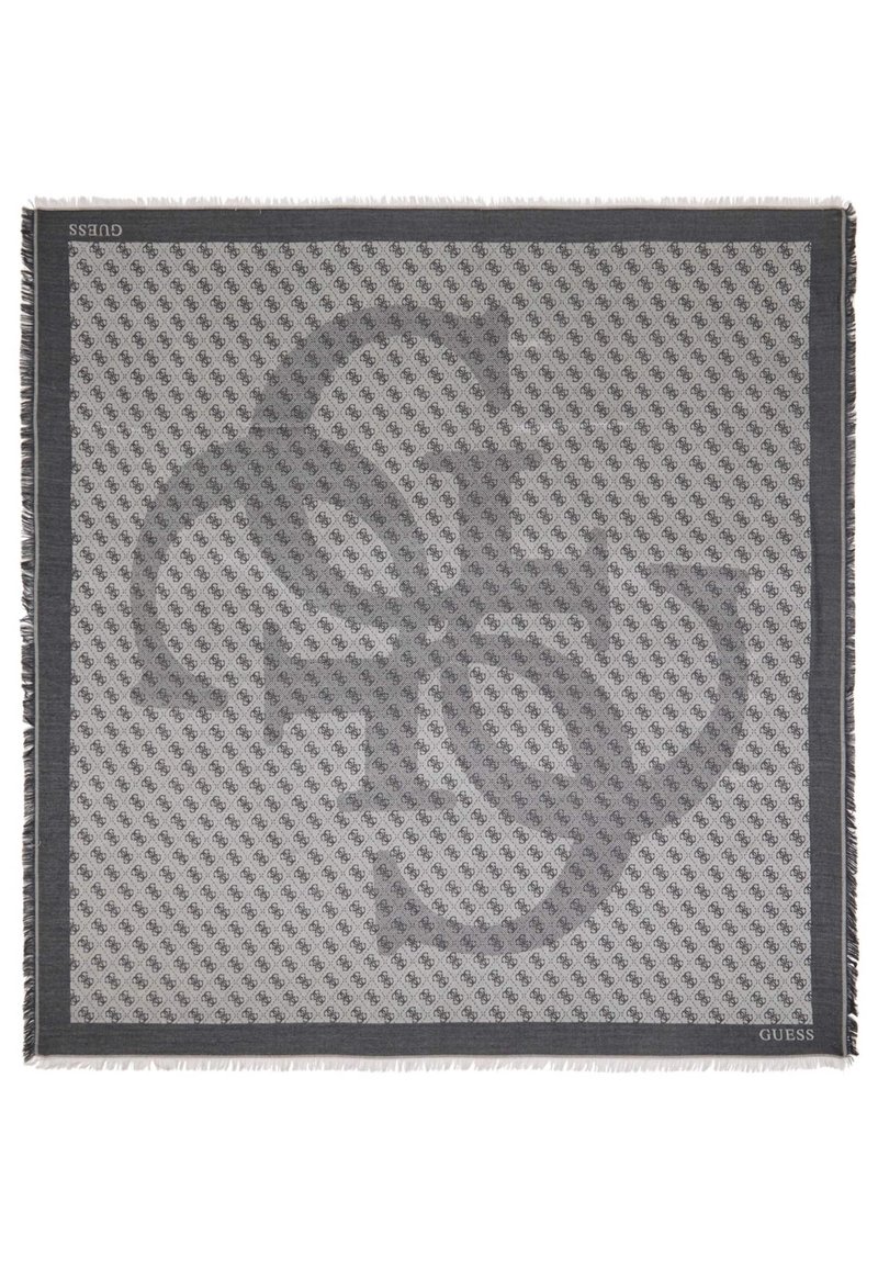 Square scarf featuring a gray and black pattern with a logo design. Edges are fringed. Made of soft fabric with a smooth texture.