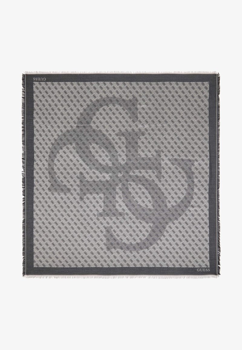 Square scarf featuring a gray and black pattern with a logo design. Edges are fringed. Made of soft fabric with a smooth texture.