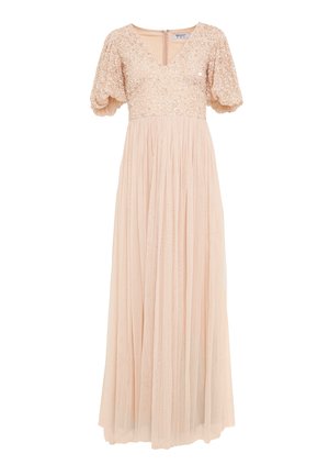 Jasnobeżowa suknia długa do ziemi z bufkami na krótkich rękawach, cekinowym kwiatowym gorsetem, dekoltem w kształcie litery V oraz plisowaną, zwiewną spódnicą.
