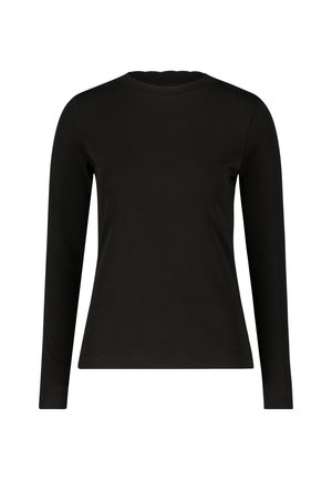 Zwarte langemouwen shirt gemaakt van een katoenmix. Beschikt over een ronde halslijn en een getailleerd ontwerp. Glad textuur zonder zichtbare patronen of accenten.