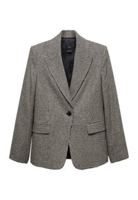 Blazer à un bouton en motif pied-de-poule avec revers crantés, épaules structurées, poches à rabat et doublure intérieure noire.