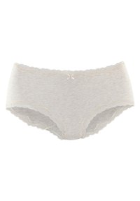 Hellegraue Baumwoll-Hipster-Unterwäsche mit Spitzendetails entlang des Gummibunds und der Beinöffnungen. Ein kleines Satinschleifen-Detail befindet sich in der Mitte vorne.