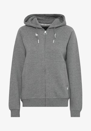 Grijze zippered hoodie met een trekkoordkap, voorzakken, ribgebreide manchetten en zoom. Gemaakt van zachte stof met een gladde textuur.