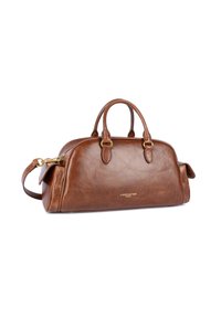 Borsa a tracolla in pelle marrone con forma arrotondata, doppio manico superiore, tracolla staccabile, hardware in oro e dettaglio con logo embossato sulla parte anteriore.