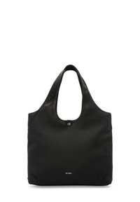 Zwarte tote bag met een gladde stofafwerking, gebogen handvatten en een drukknoopsluiting. Heeft een subtiele logo aan de onderkant.