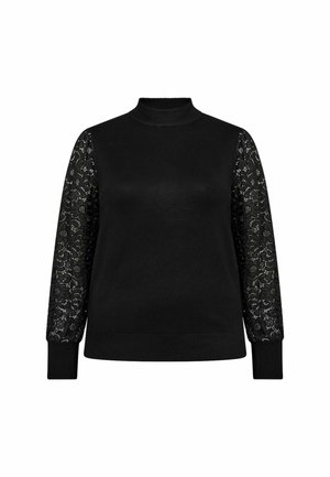 Czarny sweter z wysokim dekoltem, dopasowany krój, długie rękawy z misternym czarnym koronkowym wykończeniem. Żebrowane mankiety i dół.