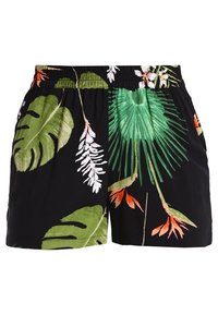 Czarne spodenki z tropikalnym nadrukiem dużych zielonych liści i kolorowych kwiatowych akcentów. Elastyczna talia, lekki materiał.