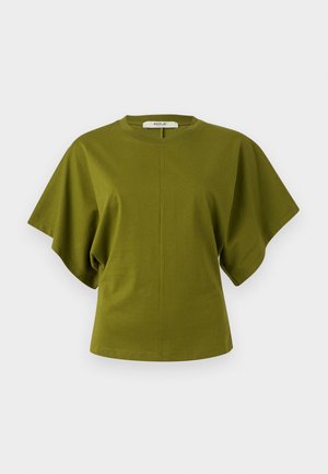 Olivgrünes Kurzarmshirt mit weitem, locker sitzendem Ärmel und Rundhalsausschnitt, auf neutralem Hintergrund präsentiert.