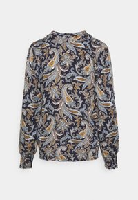 Blouse à manches longues en bleu marine foncé avec un motif paisley en bleu, orange et blanc. Présente des manches froncées et un col arrondi.