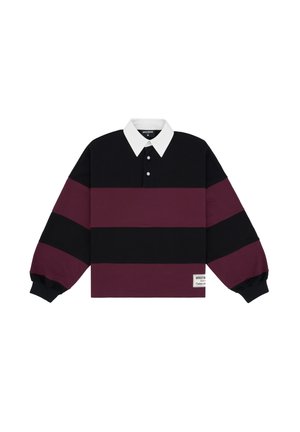 Lange mouwen poloshirt in zwart, bordeauxrood en wit, met horizontale strepen, een geknoopte kraag en geribde manchetten.