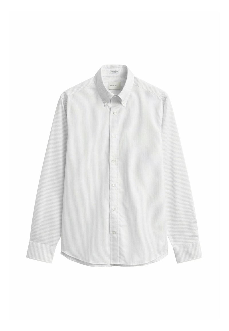 White long-sleeve button-up shirt with thin light grey vertical stripes, pointed collar, and buttoned cuffs, displayed flat on a white background.