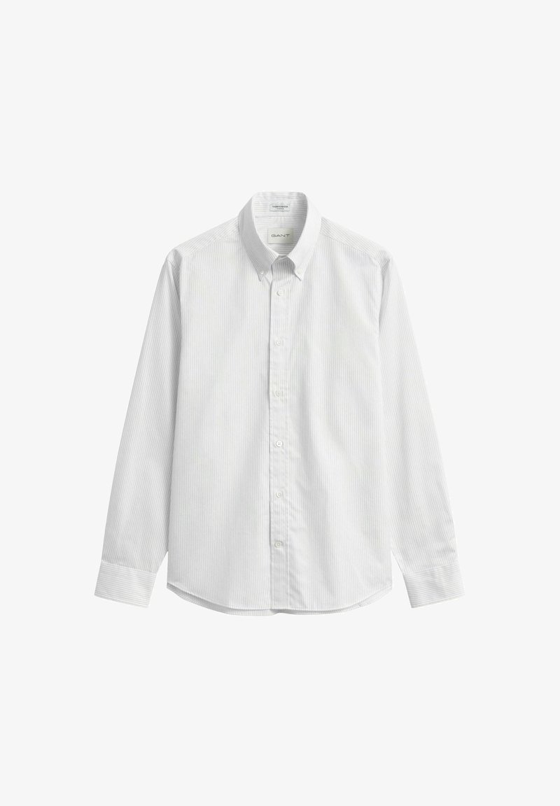 White long-sleeve button-up shirt with thin light grey vertical stripes, pointed collar, and buttoned cuffs, displayed flat on a white background.
