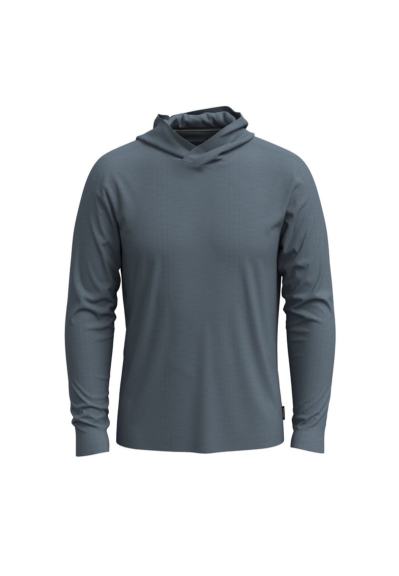 Kapturowa bluzka z długim rękawem w miękkim, melanżowym odcieniu szarości o luźnym kroju, z opadającym dekoltem i gładką strukturą.