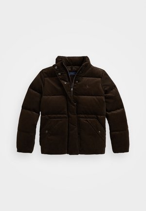 Brown corduroy puffer jacket with a stand-up collar, front zipper, and snap-button closures; features two diagonal front pockets.